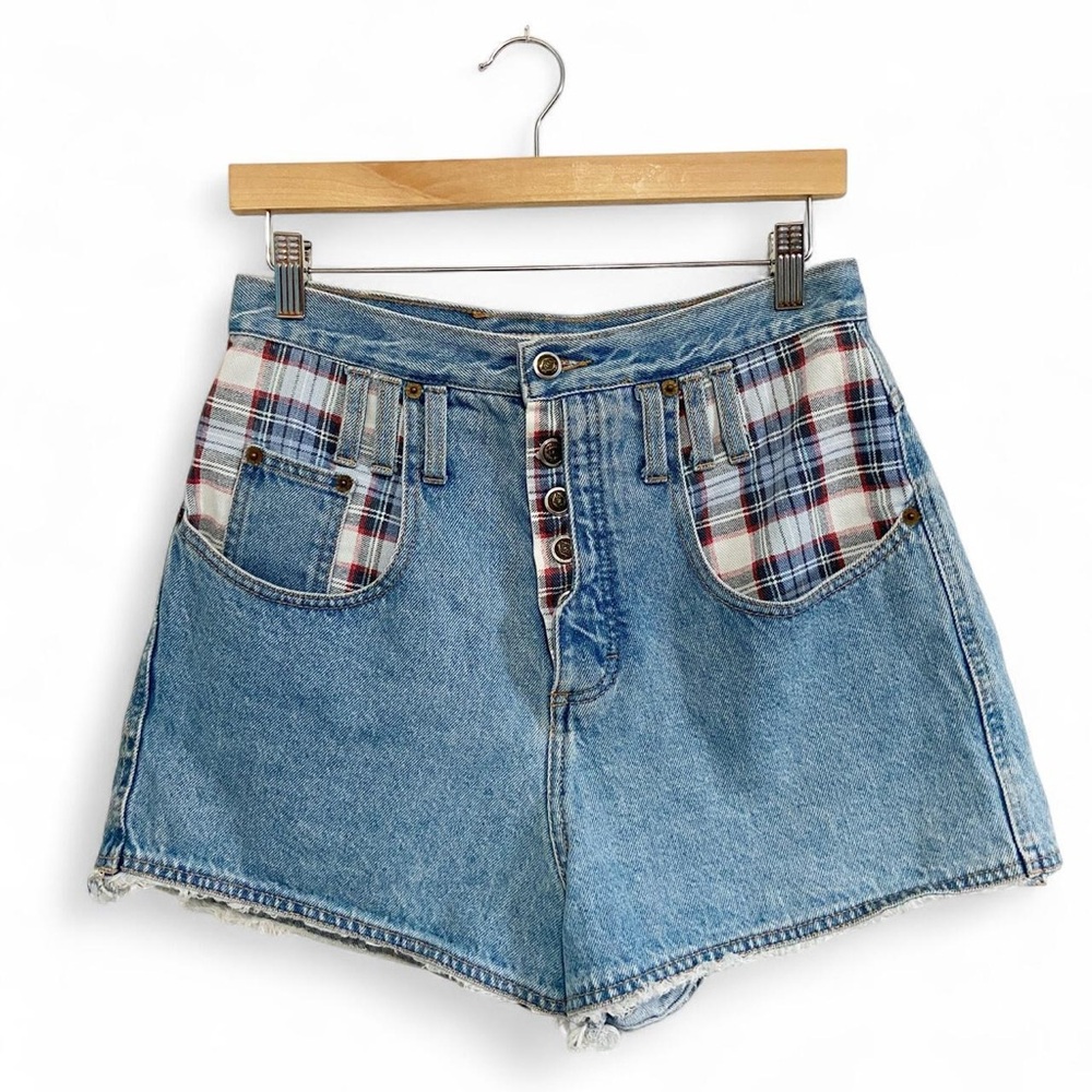 Vintage 90s Zena Jeans high-waisted plaid denim shorts with patchwork - Picture 1 of 5
